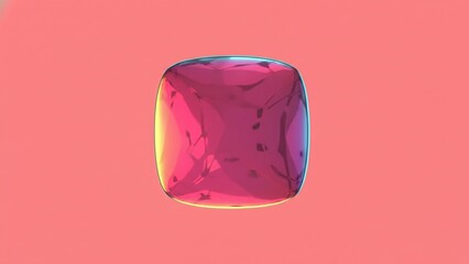 Abstract 3D rendered holographic magenta liquid shape with colorful light reflections on a solid red background