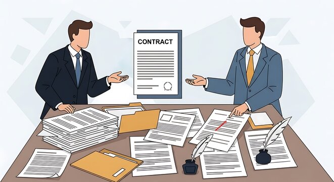 Two businessmen negotiating contract agreement.
