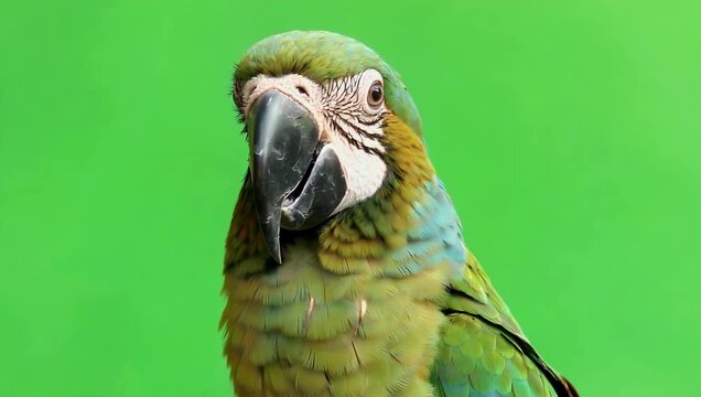 Detailed 4K close up stock footage showing head profile of Green Winged Macaw parrot which n turns its head to look directly at camera set against functional green screen