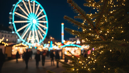 Christmas market with illuminated ferris wheel festive holiday fair seasonal celebration attraction winter entertainment venue carnival lighting display defocused amusement,Festive Winter Holiday Fair