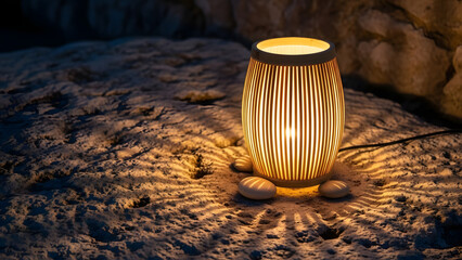 Warm ambient light emits from a bamboo wrapped decorative lamp adorning pebbles on a textured surface, casting a soft glow in a serene setting