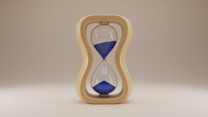Elegant blue sand hourglass in a minimalist wooden frame, symbolizing the passage of time and deadlines on a neutral background.