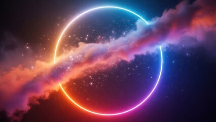 Glowing neon circle on a vibrant cosmic background isolated on transparent background