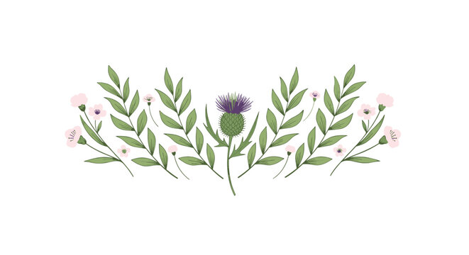 A symmetrical botanical arrangement of a central purple thistle surrounded by green leaves and small pink flowers for decorative design.