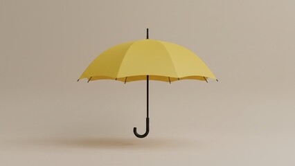 Vibrant Yellow Open Umbrella Isolated on Minimalist Light Beige Background