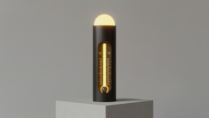 Modern Black Thermometer with Glowing Orange Light Displaying Temperature on Pedestal
