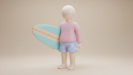 3D Cartoon Character Holding Surfboard for Summer Beach Vacation and Leisure Activities