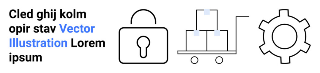 Lock symbolizing security, gear representing process optimization, and cart with boxes for logistics and delivery. Ideal for business, supply chain, efficiency, technology, security, logistics © robu_s
