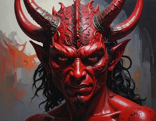 Portrait of a demonic creature with vibrant red skin and horns