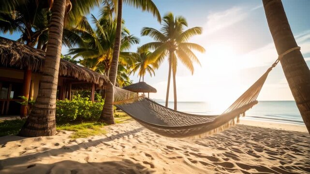 A relaxing beach scene with a hammock strung between palm trees on a sunny day.