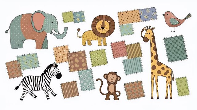 Cute Patchwork Safari Animals Elephant Lion Giraffe Zebra Monkey Bird