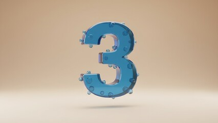 Number 3, 3D rendered in translucent blue glass with clear bubbles, floating on a light beige background.