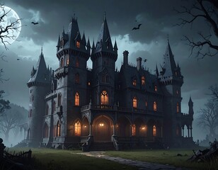 Spooky gothic mansion under a full moon with flying bats at night