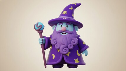 Smiling 3D cartoon wizard character with a purple hat, beard, and robe adorned with stars and moons, holding a glowing magical staff.