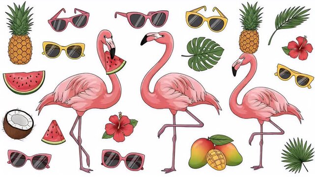 Cute Pink Flamingos And Tropical Summer Elements