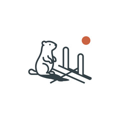 Groundhog day shadow line art bold outline groundhog on platform rectangle vector illustration