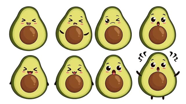Cute Pixel Art Avocados Expressing Various Emotions Happy Sad Angry Wink
