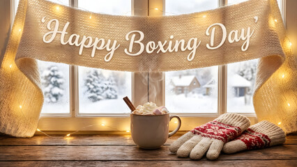 Festive boxing day scene featuring a cozy hot chocolate, gloves, and a celebratory banner displayed against a snowy winter window backdrop