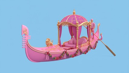Princess Pink Luxury Gondola with Golden Canopy, Ornate Decorations, Rose Garlands, and Gondolier Figure