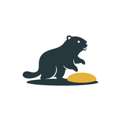 Groundhog day shadow icon with groundhog curled beside lantern oval vector illustration