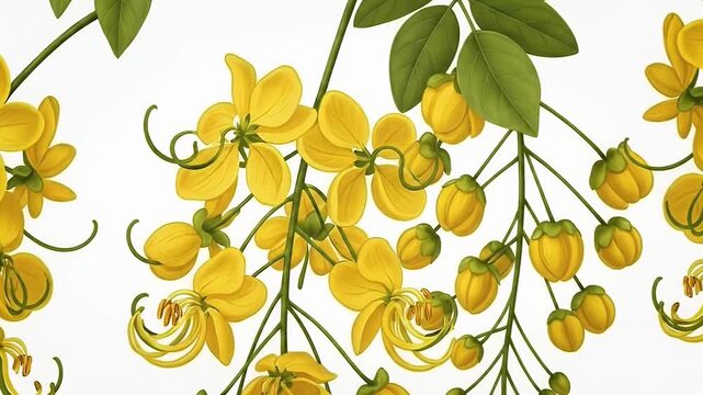 Golden Shower Tree Cassia Fistula Yellow Flowers Blooming Branches Botanical Illustration