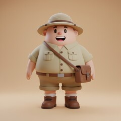 Cute 3D cartoon explorer character wearing a safari pith helmet and outfit with a messenger bag, ready for adventure.