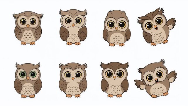 Cute Pixel Art Owls Collection Diverse Expressions And Eye Colors White Background