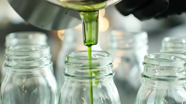 Pouring Green Juice Into Bottles.