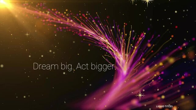 Vibrant abstract design featuring a sparkling feather shape with inspirational quote dream big act bigger on a black background with shining stars and yellow light.