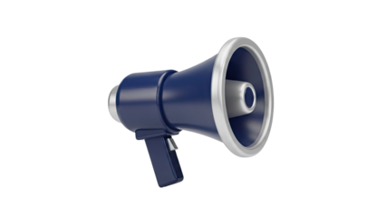 3D Dark blue megaphone with silver accents on transparent background