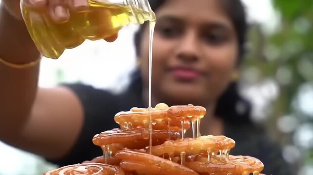 Pouring Honey on Fried Sweet Treat.