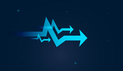 Gradient arrows suggests accelerating performance. The dark digital grid background evokes modern analytics dashboards, vector illustration