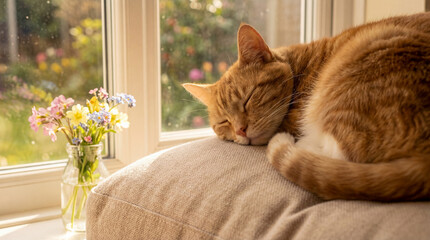 Ginger cat sleeping peacefully on a cushion next to a vase of wildflowers on a sunny spring day