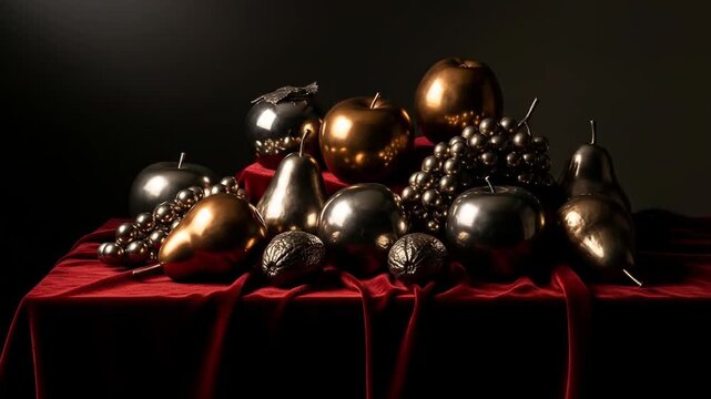 Metallic fruits and objects arranged on a draped red surface, creating a still life composition.