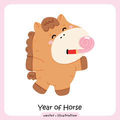 Cute Kawaii Horse Blowing Pink Party Horn, 2026 Chinese Zodiac Animal Mascot, Cartoon Pony Character for Lunar New Year Celebration and Birthday Party Illustration