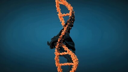 High definition 4K computer graphic animation stock footage of orange double helix DNA strand smoothly rotating on vertical axis while black external membrane gradually peels away against dark blue - Powered by Adobe