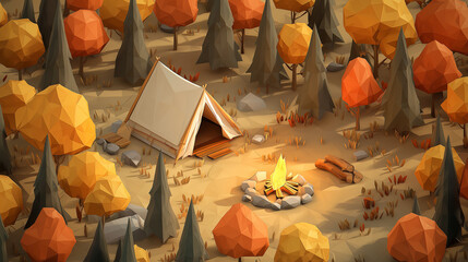 An outdoor camping setup, featuring a retro A-frame tent and campfire