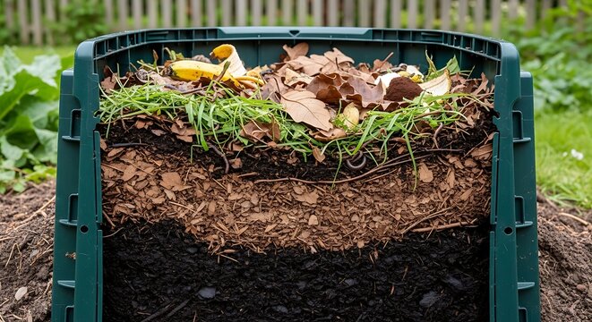 Compost bin layers showing decomposition process in a garden setting.