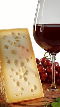 Gourmet Cheese and Red Wine Pairing With Grapes on Wooden Board