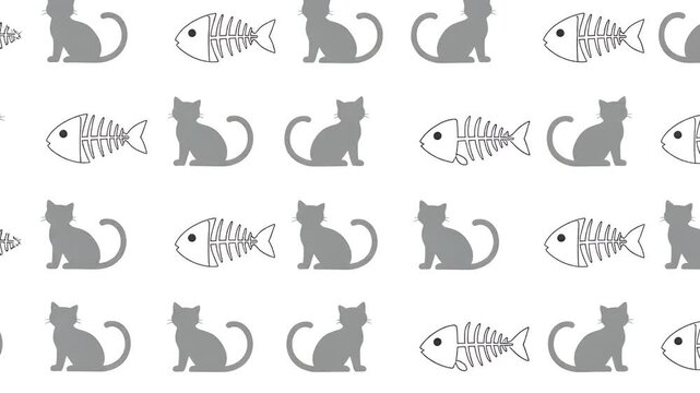 Gray Cat and Fish Pattern Loop Background Animation