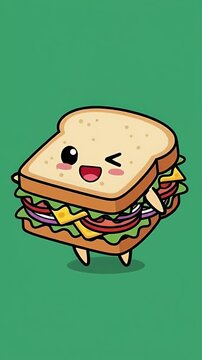 Cute Sandwich Character Dancing On Green Background With Pink Cheeks