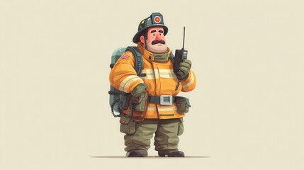 Fototapeta premium Cartoon Firefighter Character with Radio and Safety Gear