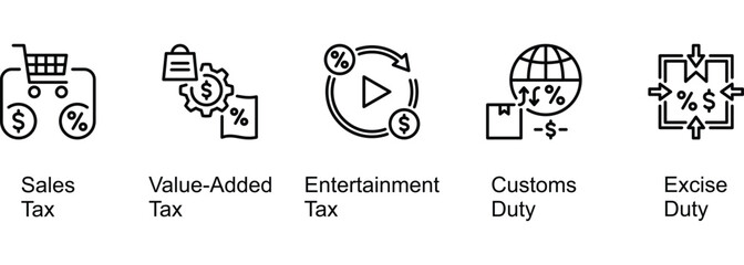 Indirect Tax Types banner web icon vector illustration of Sales Tax, Value-Added Tax, Entertainment Tax, Customs Duty, Excise Duty