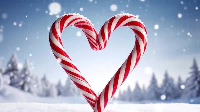 A heart-shaped candy cane on a snowy surface with a winter landscape background and falling snowflakes.