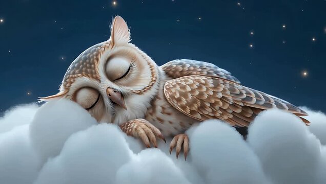 Charming 4K quality lullaby video template loop featuring cute animated owl gently sleeping on cloud designed to promote sense of relaxation and nice dreams during night for babies and