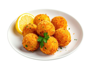 Golden fried, round food balls with lemon wedge on white plate