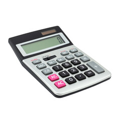 A modern silver and black electronic calculator with a digital display isolated on transparent background