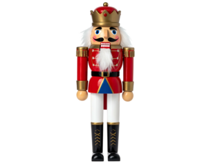 Standing, detailed wooden figurine of a soldier-like figure, in red and gold uniform