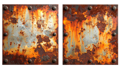 Two rusty, riveted metal plates side-by-side, textured with decay