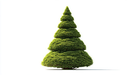Green trimmed bush shaped like layered cone with dense foliage and bright sunlight casting shadow on white background